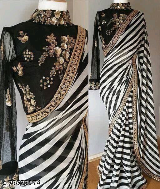 Zibra Sarees New Georgette Silk Black & White Color Lace Work Printed Saree Bangalore Silk With Blouse Piece For Women